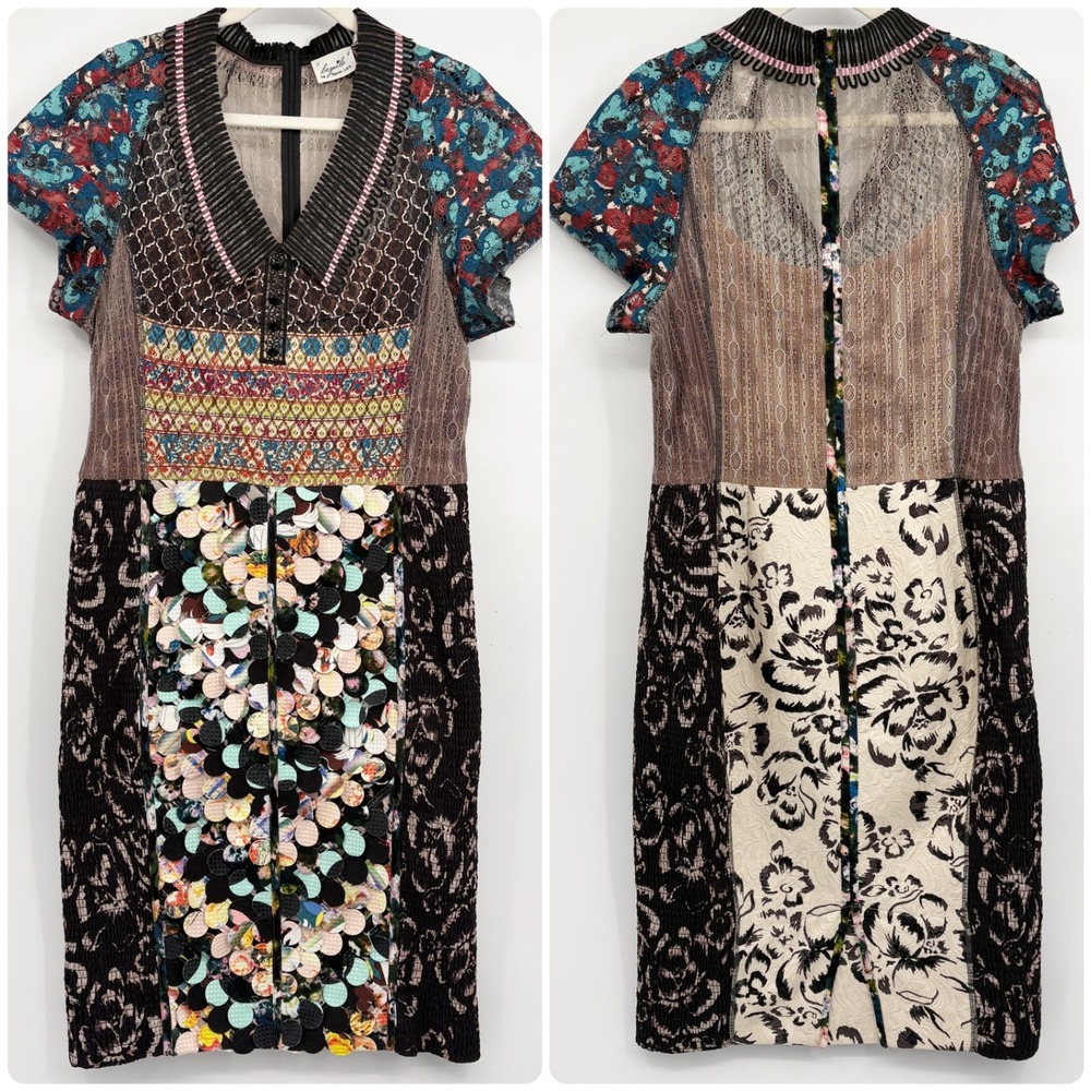 Byron Lars Womens Mixed Media Lace Patchwork Art To Wear Pencil Sheath Dress 12